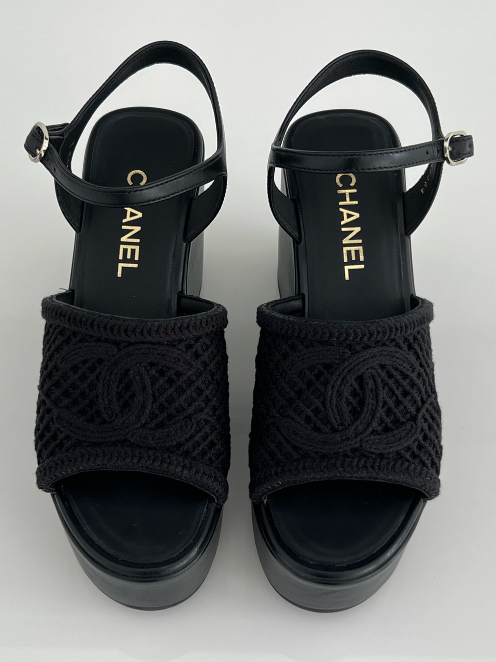 CHANEL 25P BLACK WEDGE SANDALS SIZE FR 38 / US 8 NIB!